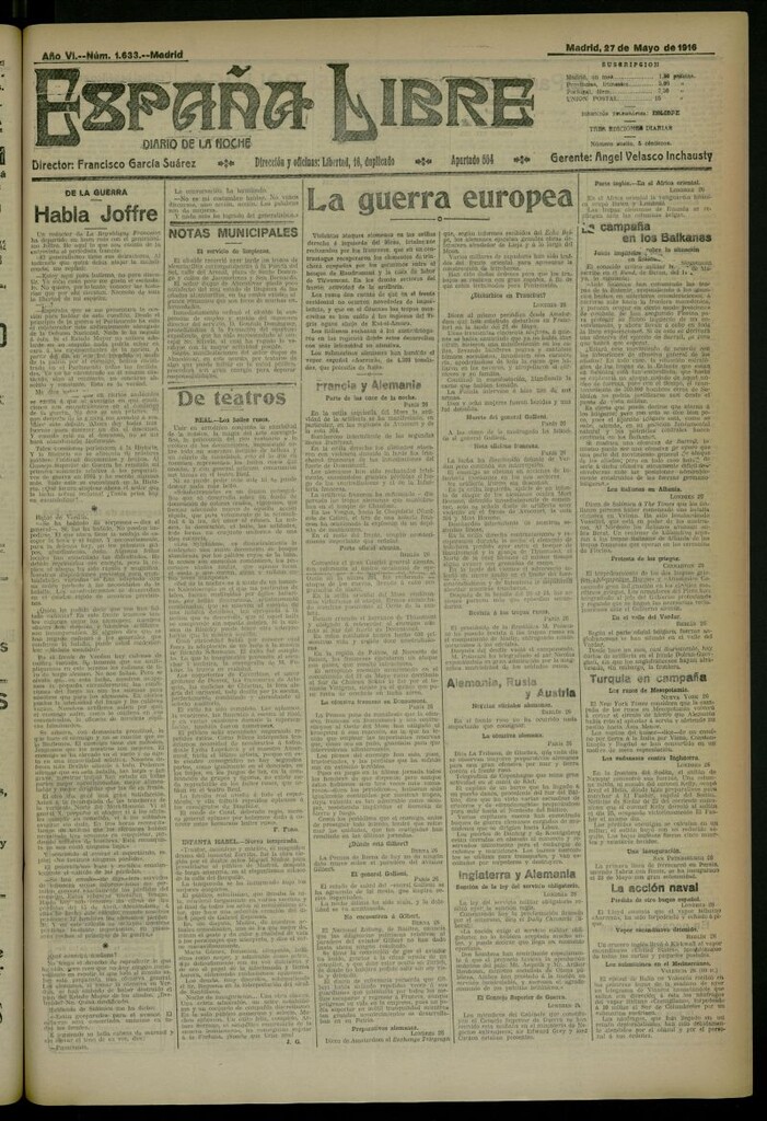 Miniatura de España Libre : Diario de la noche del 27 de mayo de 1916, nº 1633