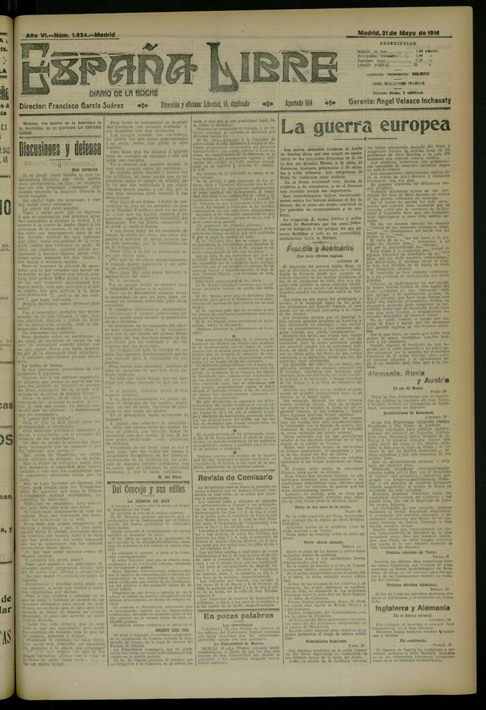 Miniatura de España Libre : Diario de la noche del 31 de mayo de 1916, nº 1634