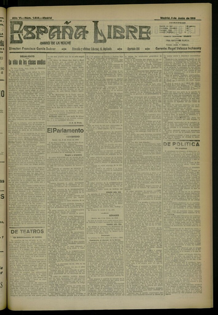 Miniatura de España Libre : Diario de la noche del 3 de junio de 1916, nº 1636