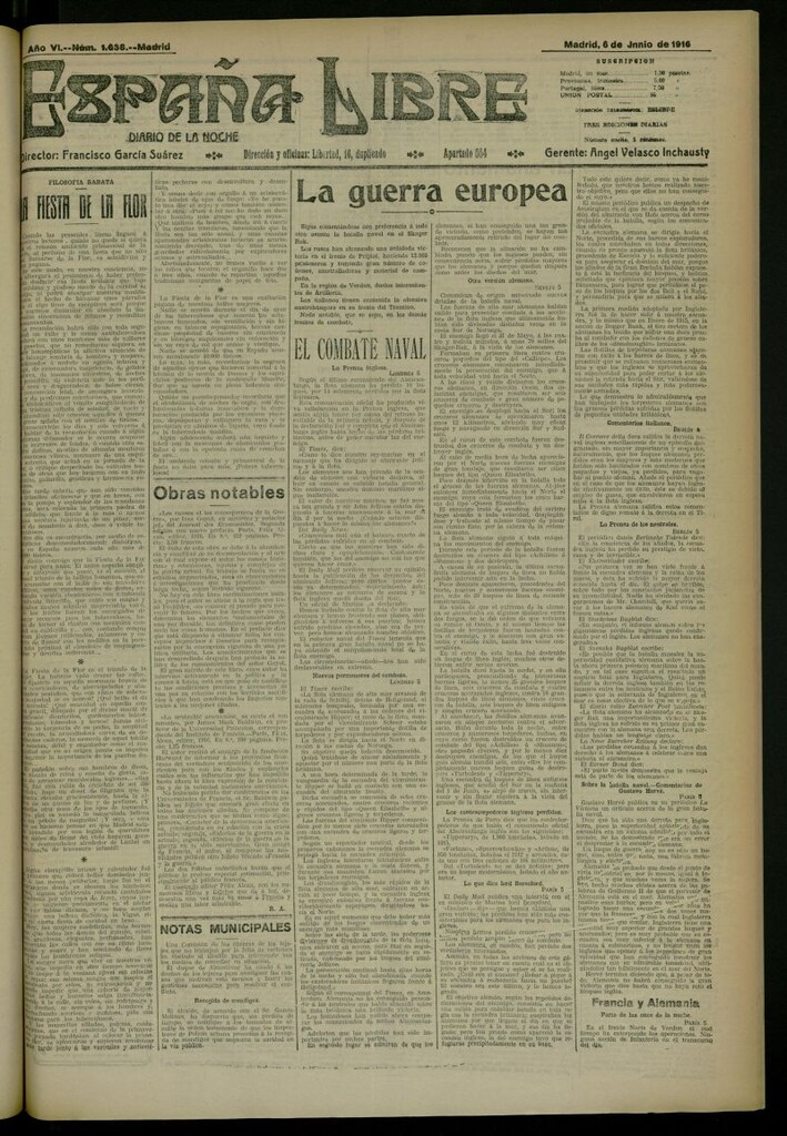 Miniatura de España Libre : Diario de la noche del 6 de junio de 1916, nº 1638