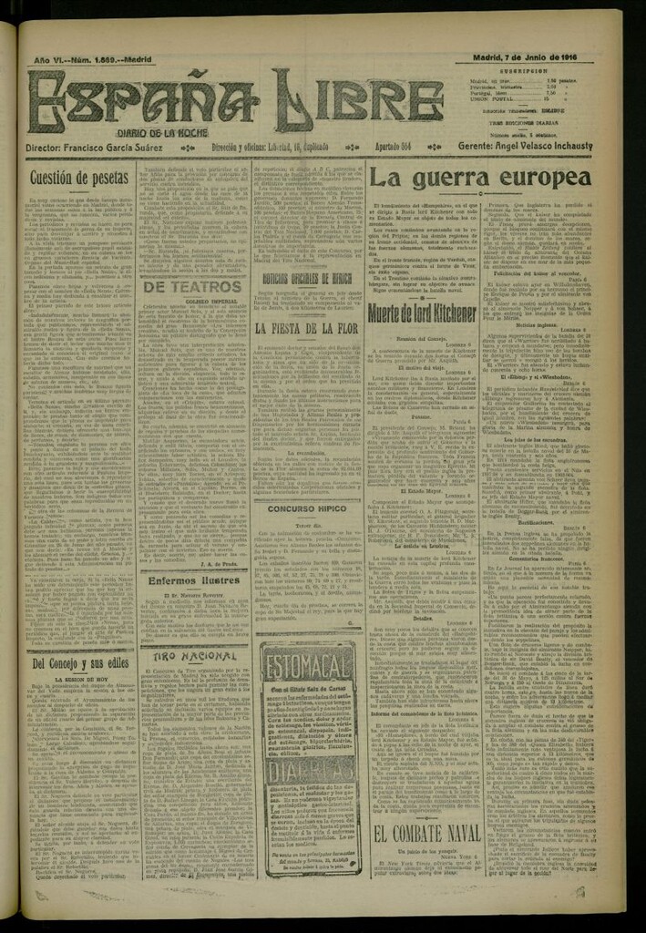 Miniatura de España Libre : Diario de la noche del 7 de junio de 1916, nº 1639