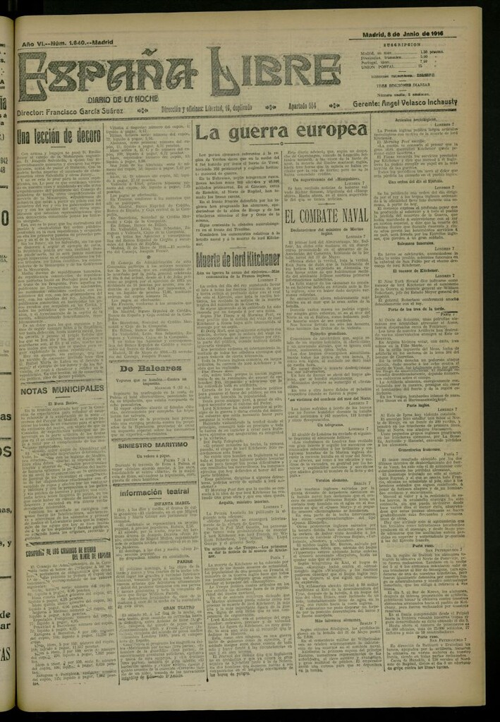 Miniatura de España Libre : Diario de la noche del 8 de junio de 1916, nº 1640