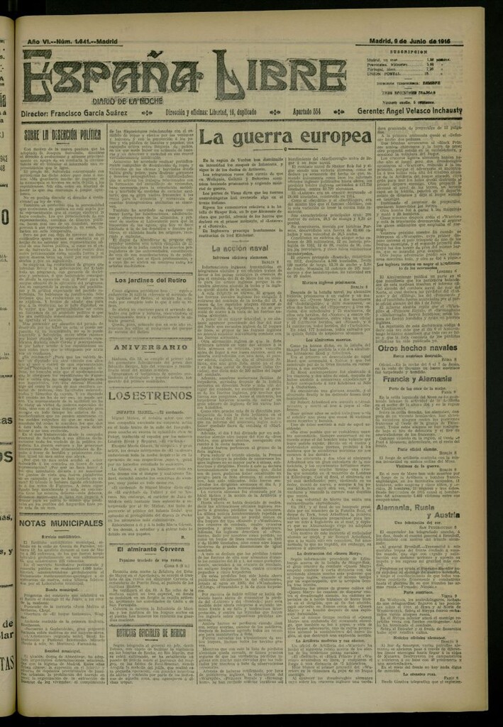 Miniatura de España Libre : Diario de la noche del 9 de junio de 1916, nº 1641