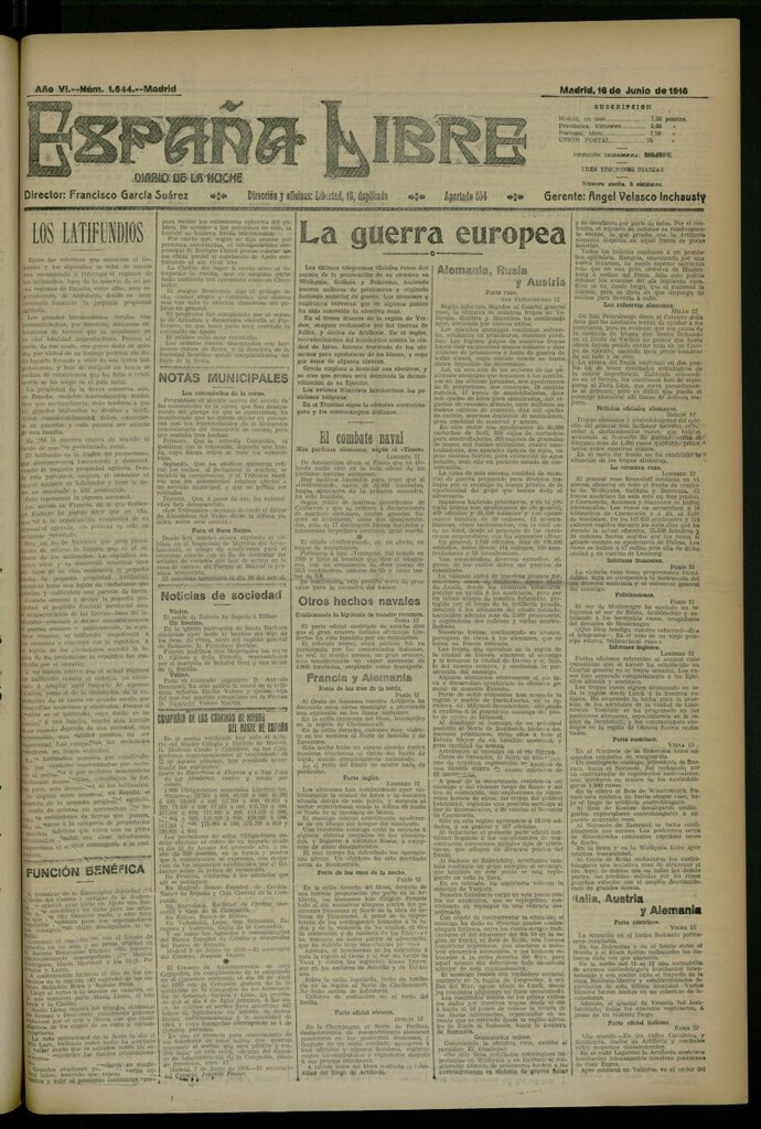 Miniatura de España Libre : Diario de la noche del 16 de junio de 1916, nº 1644 [sic]