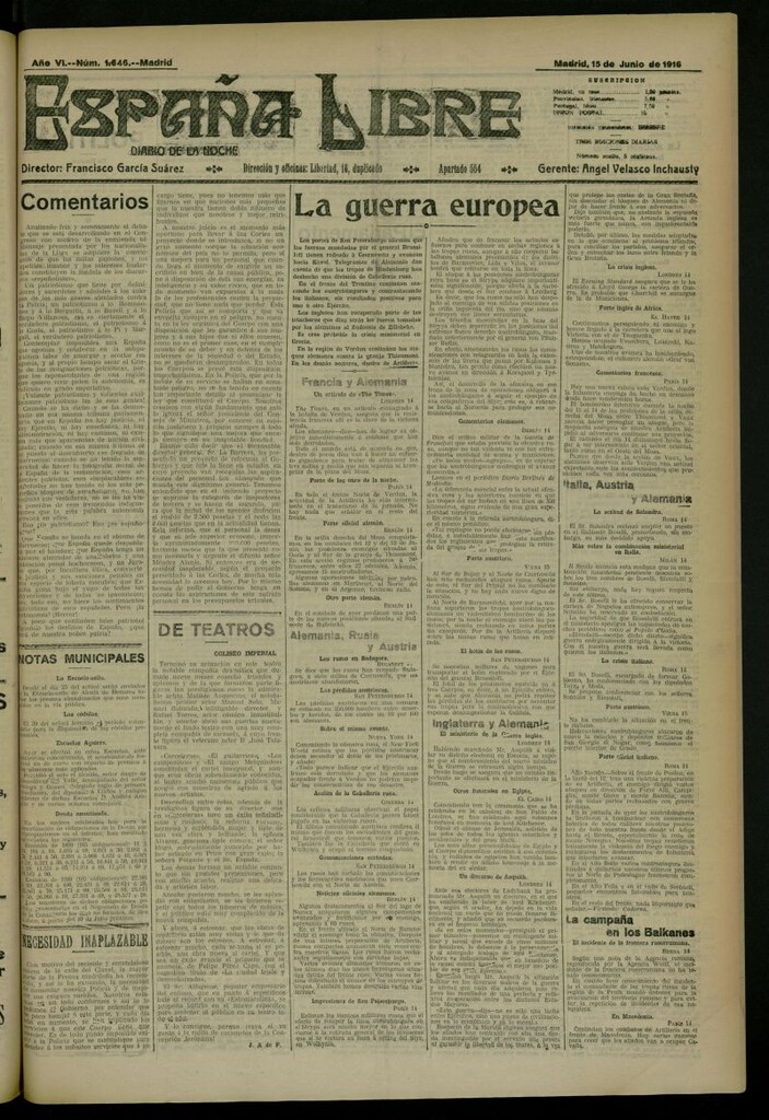 Miniatura de España Libre : Diario de la noche del 15 de junio de 1916, nº 1646
