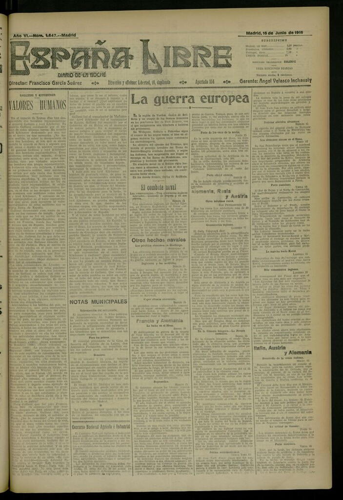 Miniatura de España Libre : Diario de la noche del 16 de junio de 1916, nº 1647