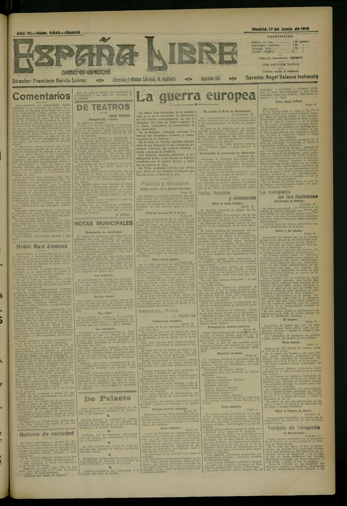 Miniatura de España Libre : Diario de la noche del 17 de junio de 1916, nº 1648