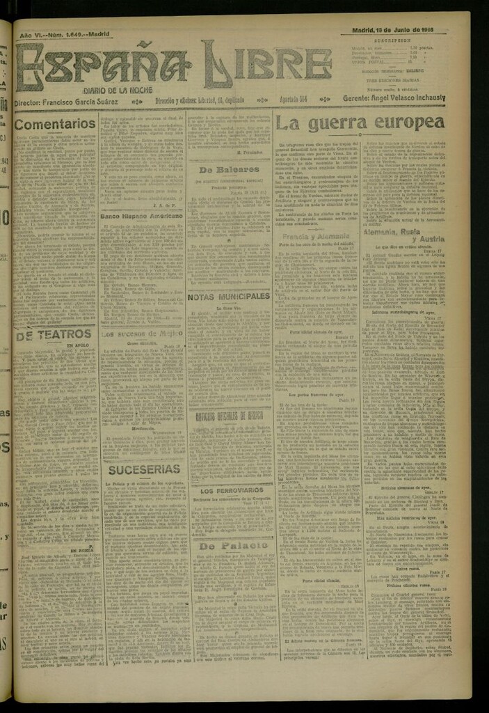 Miniatura de España Libre : Diario de la noche del 19 de junio de 1916, nº 1649