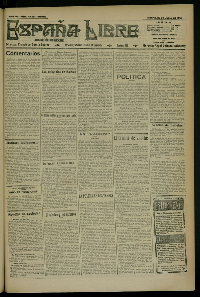 Miniatura de España Libre : Diario de la noche del 23 de junio de 1916, nº 1652
