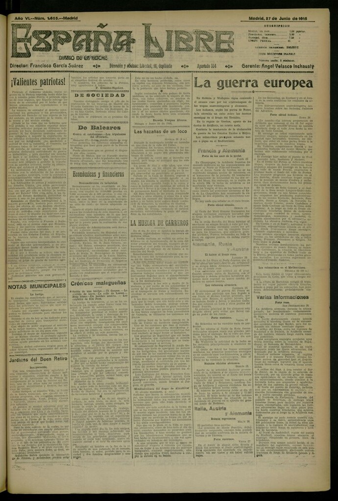 Miniatura de España Libre : Diario de la noche del 27 de junio de 1916, nº 1655
