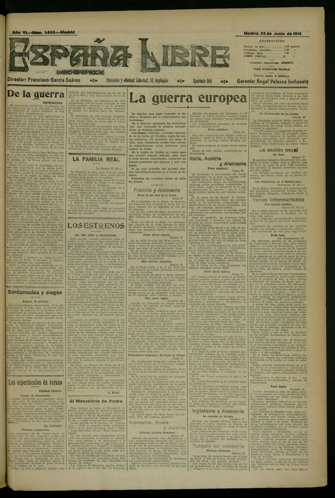 Miniatura de España Libre : Diario de la noche del 28 de junio de 1916, nº 1656