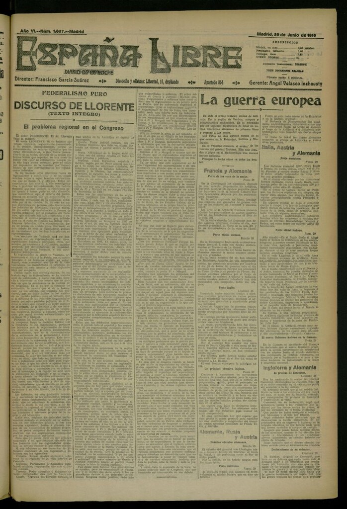 Miniatura de España Libre : Diario de la noche del 29 de junio de 1916, nº 1657