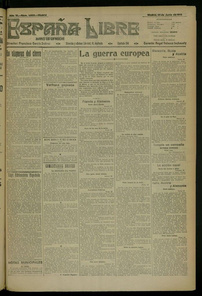 Miniatura de España Libre : Diario de la noche del 30 de junio de 1916, nº 1658