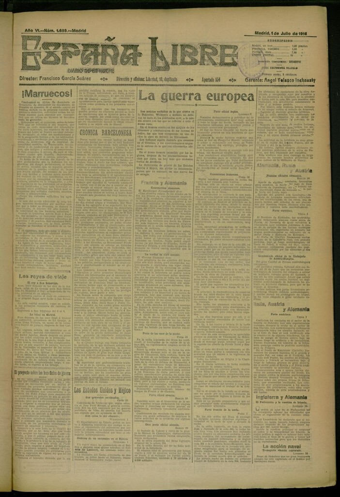 Miniatura de España Libre : Diario de la noche del 1 de julio de 1916, nº 1659
