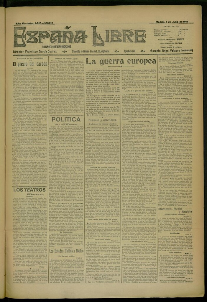 Miniatura de España Libre : Diario de la noche del 3 de julio de 1916, nº 1660