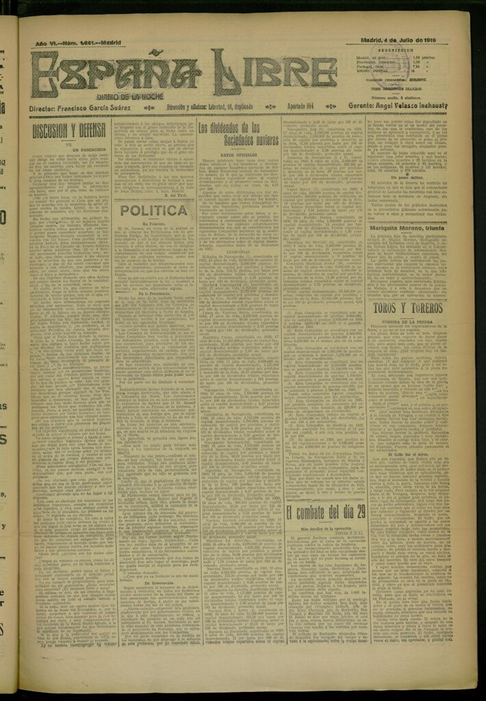 Miniatura de España Libre : Diario de la noche del 4 de julio de 1916, nº 1661