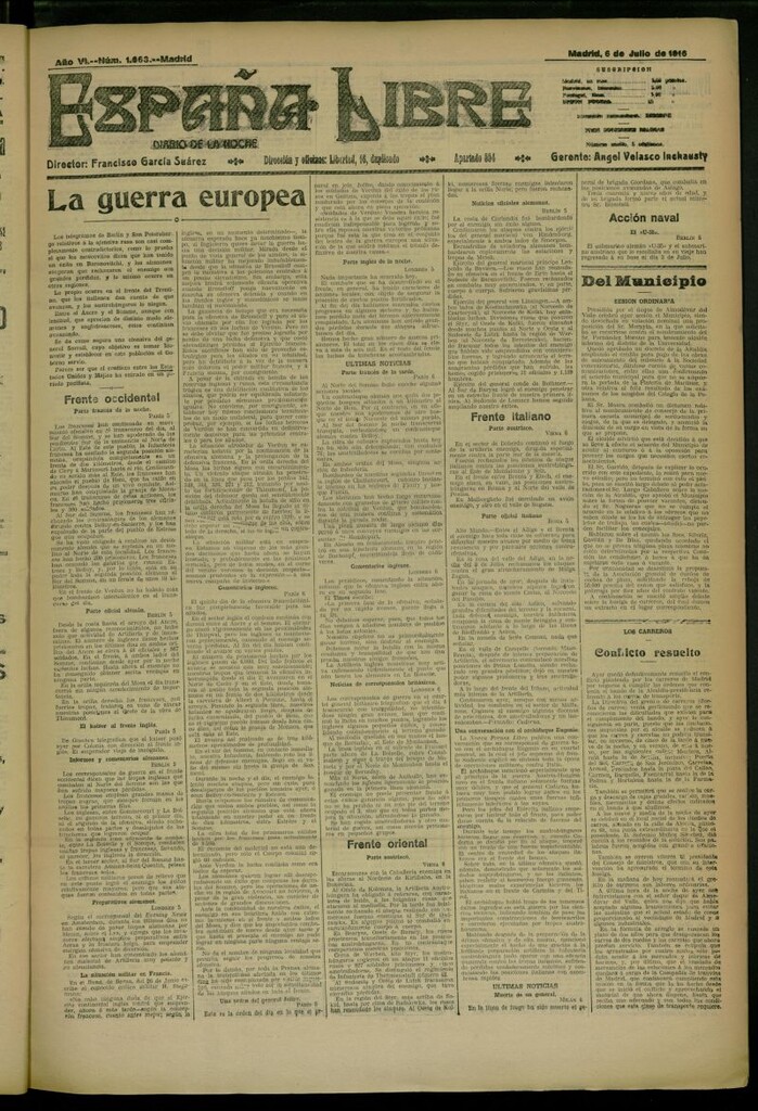 Miniatura de España Libre : Diario de la noche del 6 de julio de 1916, nº 1663