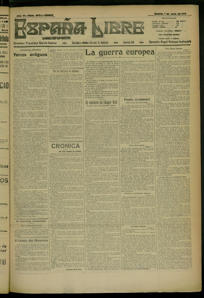 Miniatura de España Libre : Diario de la noche del 7 de julio de 1916, nº 1664