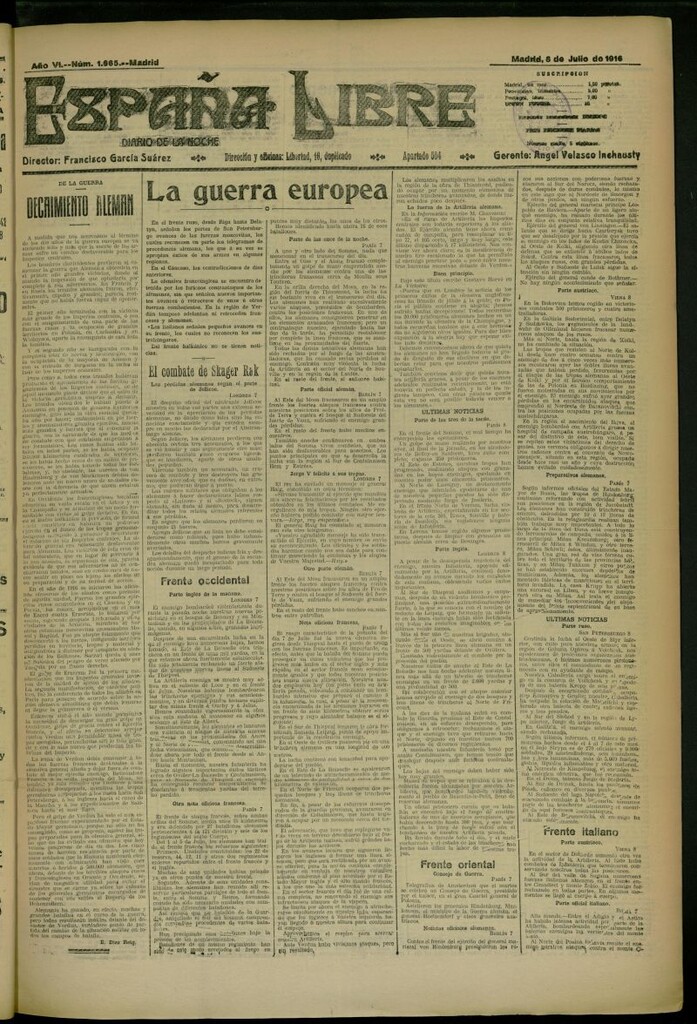 Miniatura de España Libre : Diario de la noche del 8 de julio de 1916, nº 1665