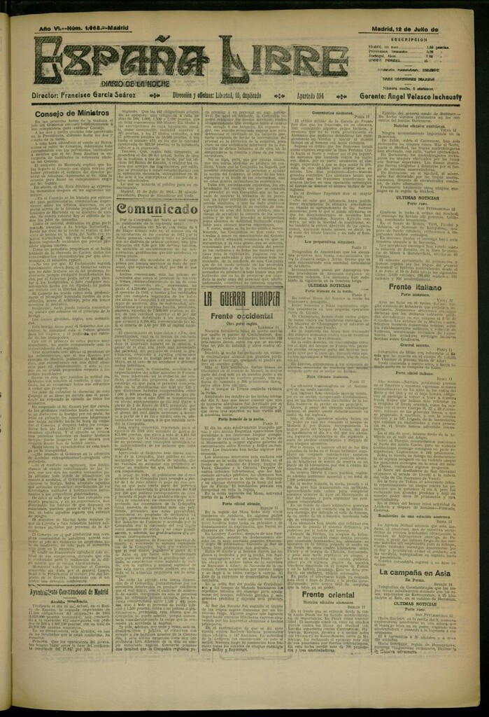 Miniatura de España Libre : Diario de la noche del 12 de julio de 1916, nº 1668