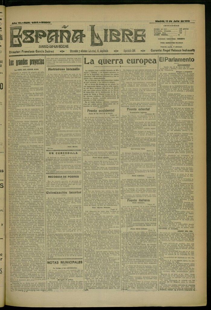 Miniatura de España Libre : Diario de la noche del 13 de julio de 1916, nº 1669