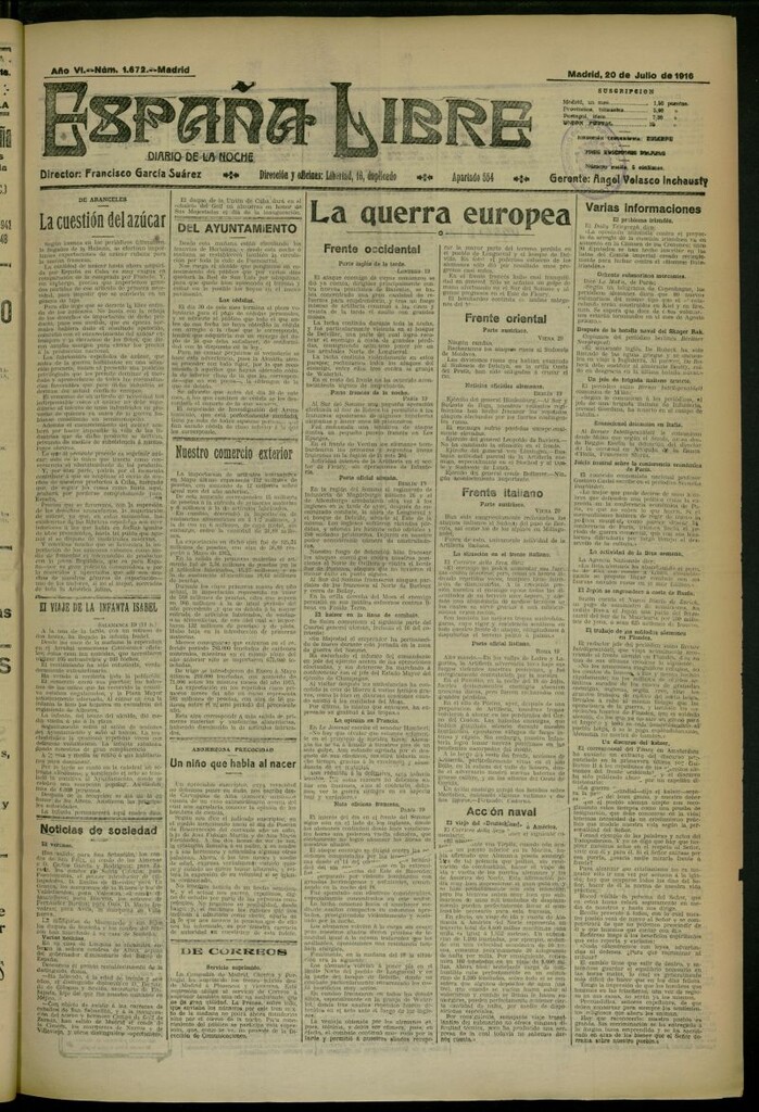 Miniatura de España Libre : Diario de la noche del 20 de julio de 1916, nº 1672