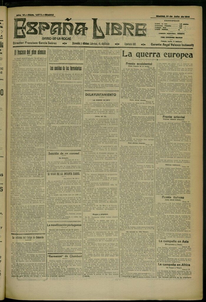 Miniatura de España Libre : Diario de la noche del 21 de julio de 1916, nº 1673