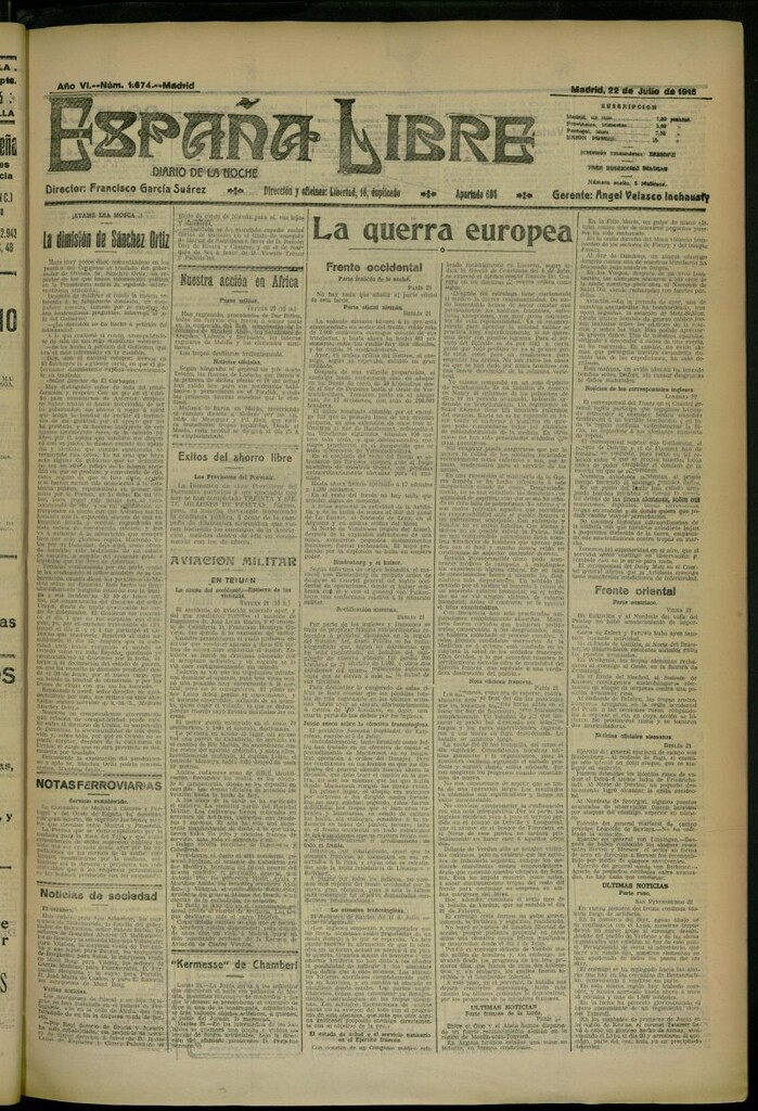 Miniatura de España Libre : Diario de la noche del 22 de julio de 1916, nº 1674