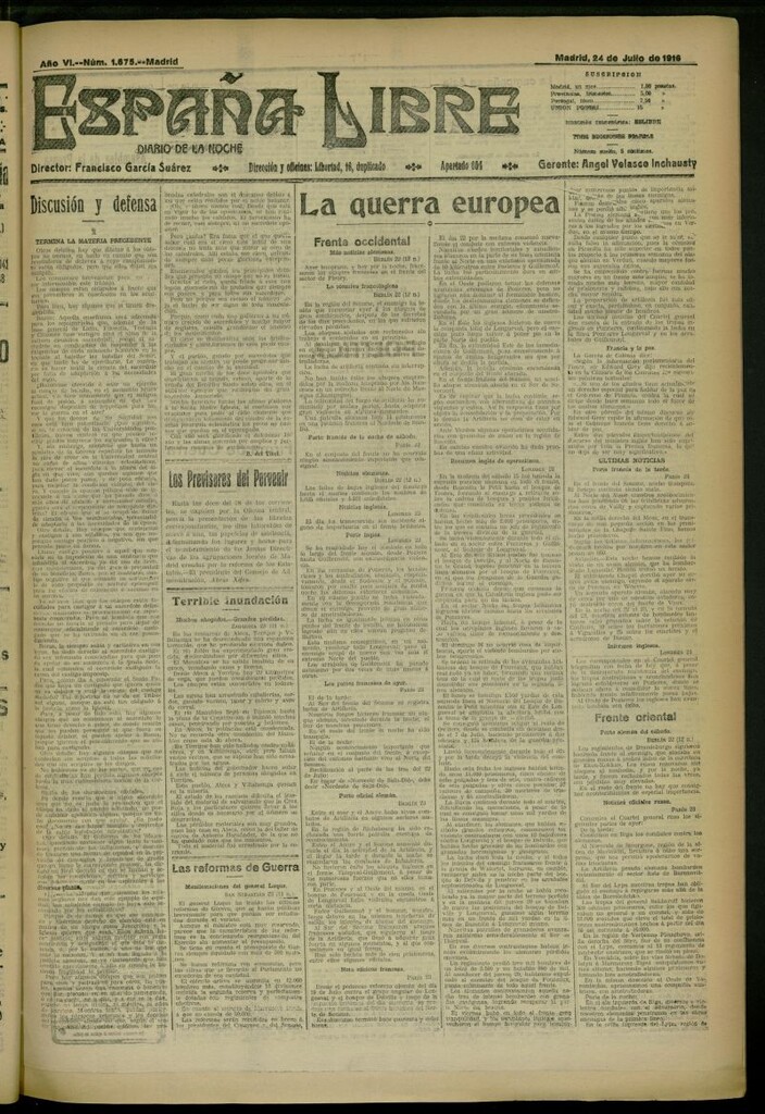Miniatura de España Libre : Diario de la noche del 24 de julio de 1916, nº 1675