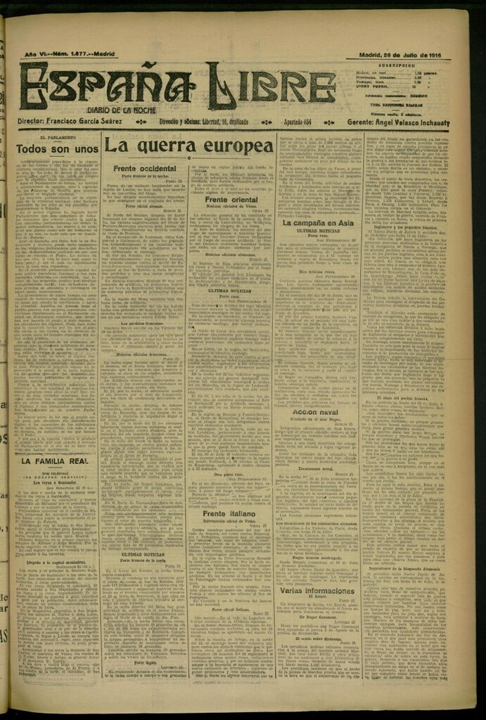 Miniatura de España Libre : Diario de la noche del 26 de julio de 1916, nº 1677