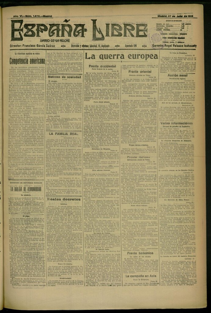 Miniatura de España Libre : Diario de la noche del 27 de julio de 1916, nº 1678