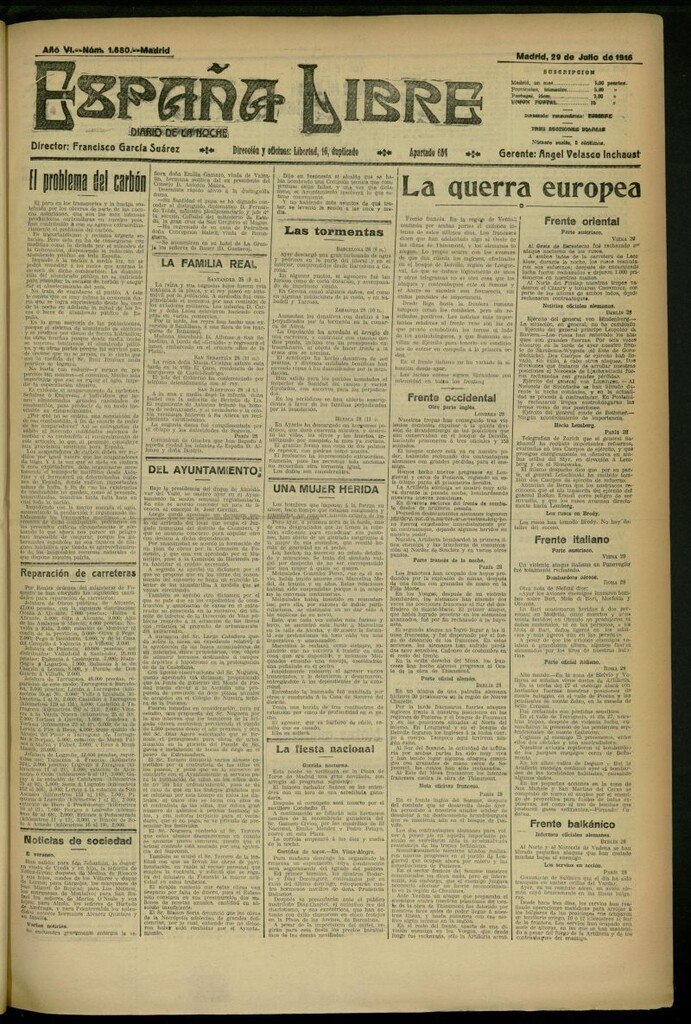 Miniatura de España Libre : Diario de la noche del 29 de julio de 1916, nº 1680