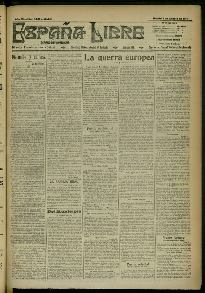 Miniatura de España Libre : Diario de la noche del 1 de agosto de 1916, nº 1682