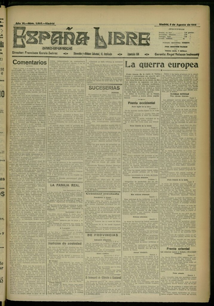 Miniatura de España Libre : Diario de la noche del 2 de agosto de 1916, nº 1683