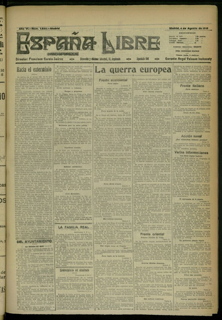 Miniatura de España Libre : Diario de la noche del 4 de agosto de 1916, nº 1685