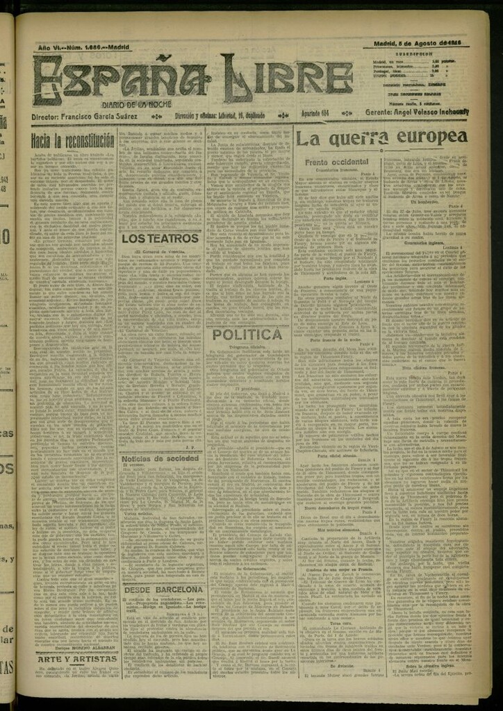 Miniatura de España Libre : Diario de la noche del 5 de agosto de 1916, nº 1686