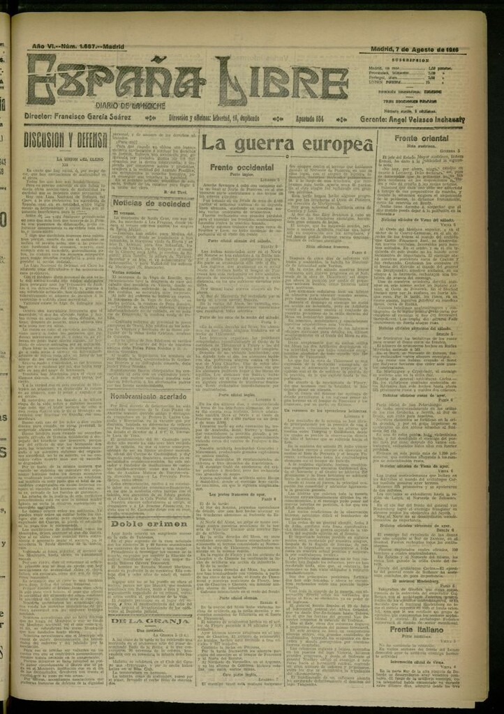 Miniatura de España Libre : Diario de la noche del 7 de agosto de 1916, nº 1687