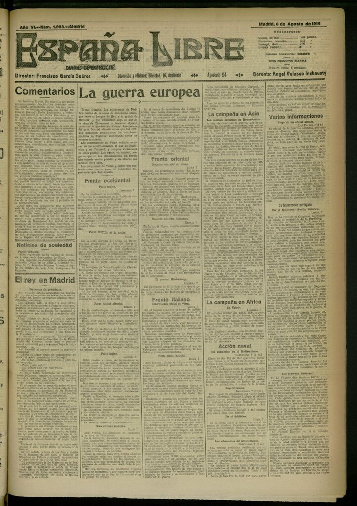 Miniatura de España Libre : Diario de la noche del 8 de agosto de 1916, n 1688