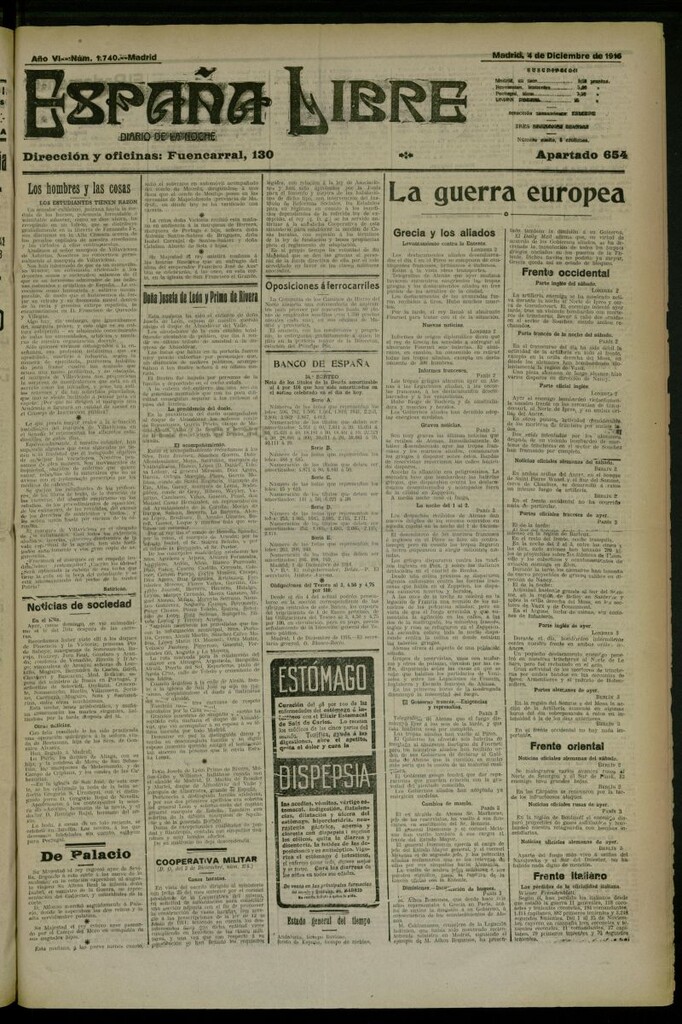 Miniatura de España Libre : Diario de la noche del 4 de diciembre de 1916, nº 1740