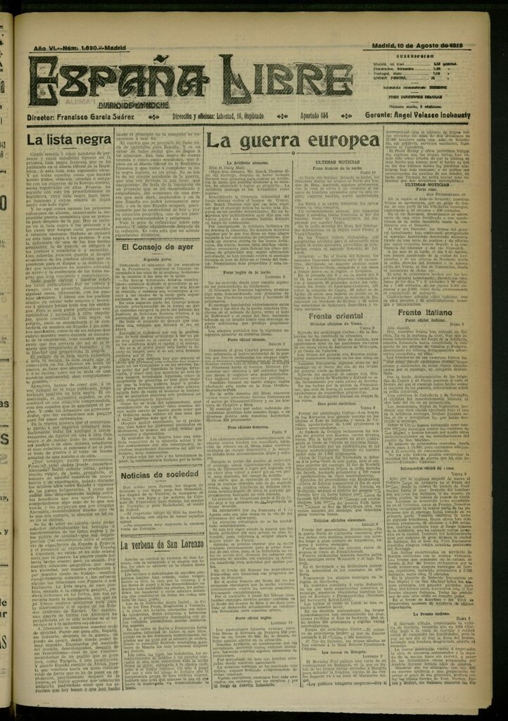 Miniatura de España Libre : Diario de la noche del 10 de agosto de 1916, nº 1690