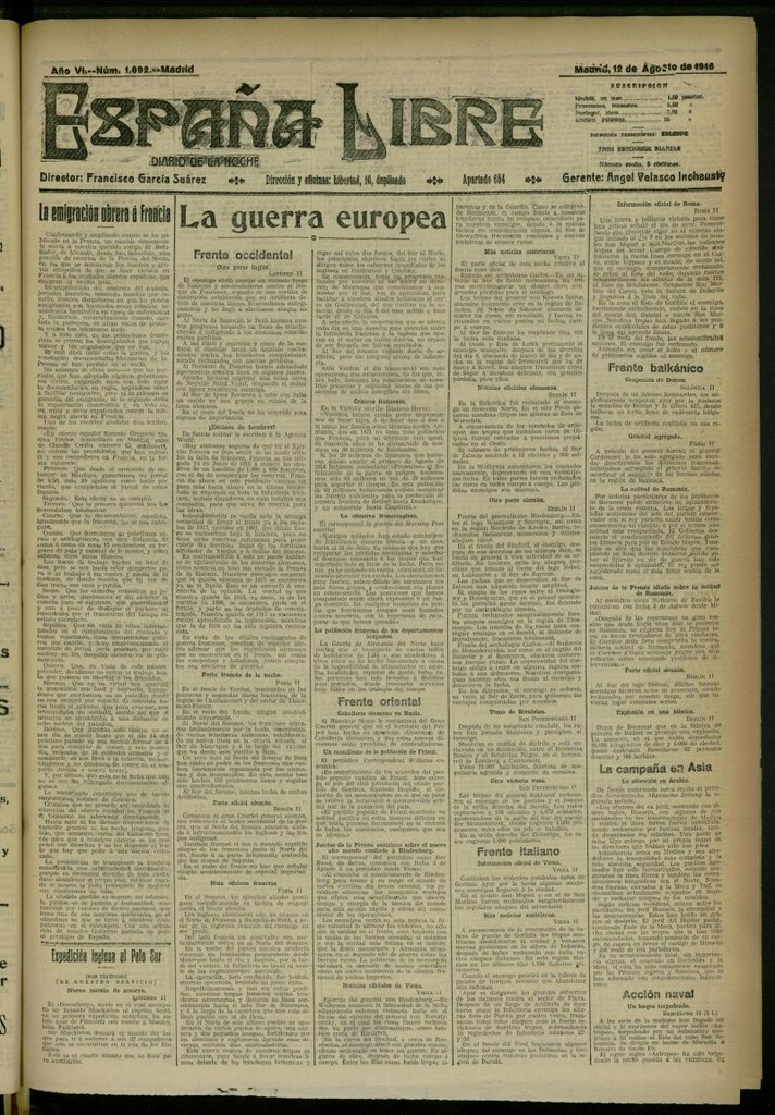 Miniatura de España Libre : Diario de la noche del 12 de agosto de 1916, nº 1692