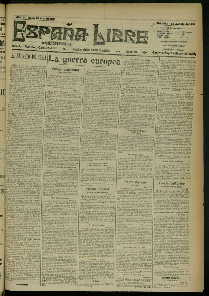 Miniatura de España Libre : Diario de la noche del 17 de agosto de 1916, nº 1695