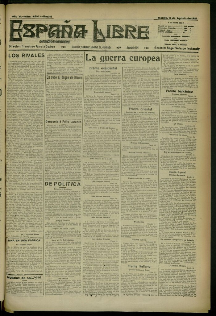 Miniatura de España Libre : Diario de la noche del 19 de agosto de 1916, nº 1697