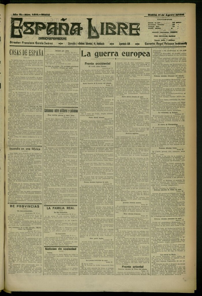 Miniatura de España Libre : Diario de la noche del 21 de agosto de 1916, nº 1698