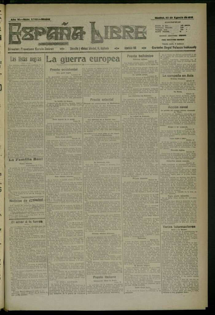 Miniatura de España Libre : Diario de la noche del 23 de agosto de 1916, nº 1700