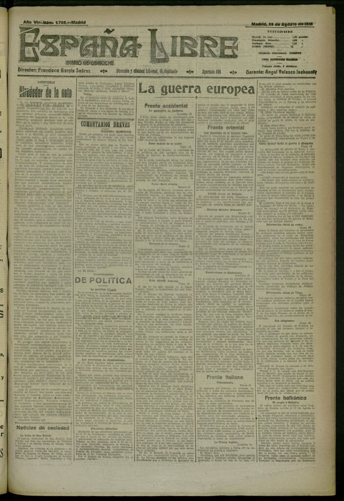Miniatura de España Libre : Diario de la noche del 29 de agosto de 1916, nº 1702
