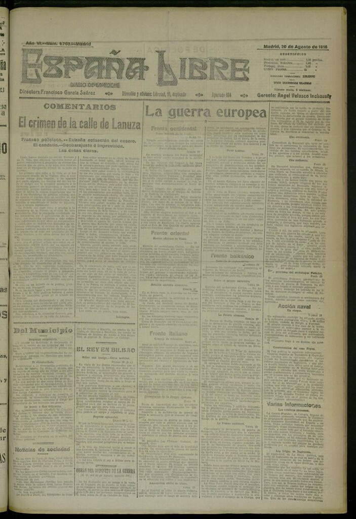 Miniatura de España Libre : Diario de la noche del 30 de agosto de 1916, nº 1703