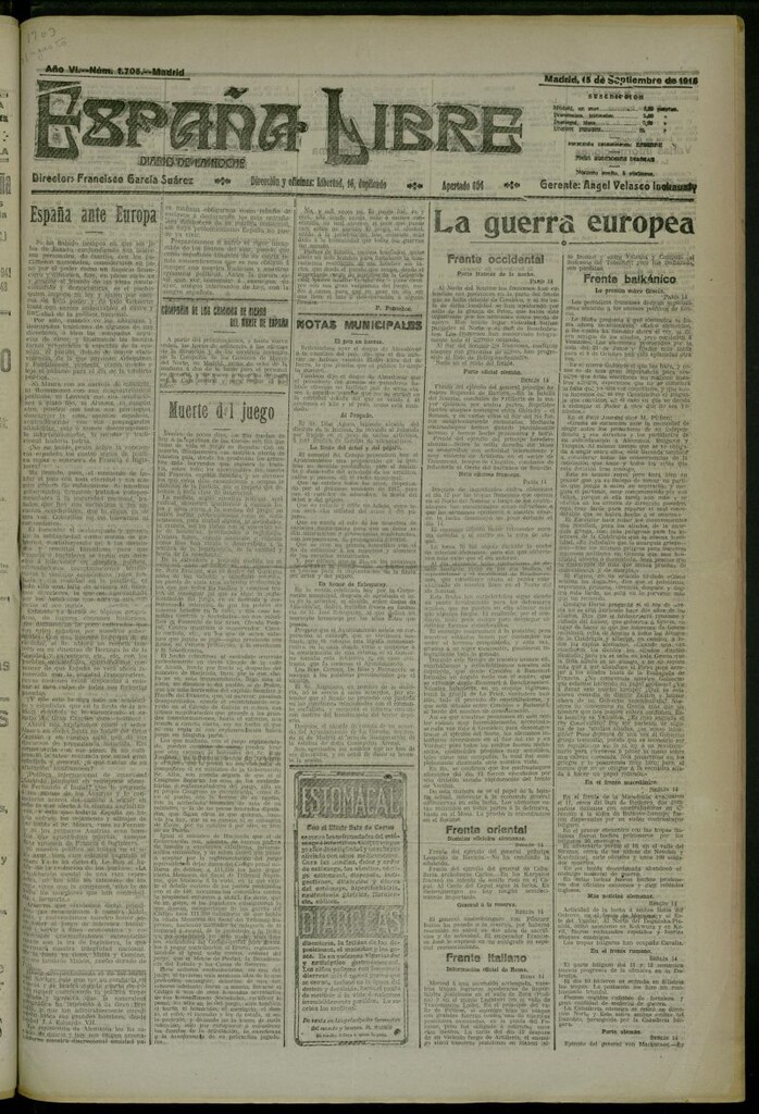 Miniatura de España Libre : Diario de la noche del 15 de septiembre de 1916, nº 1705