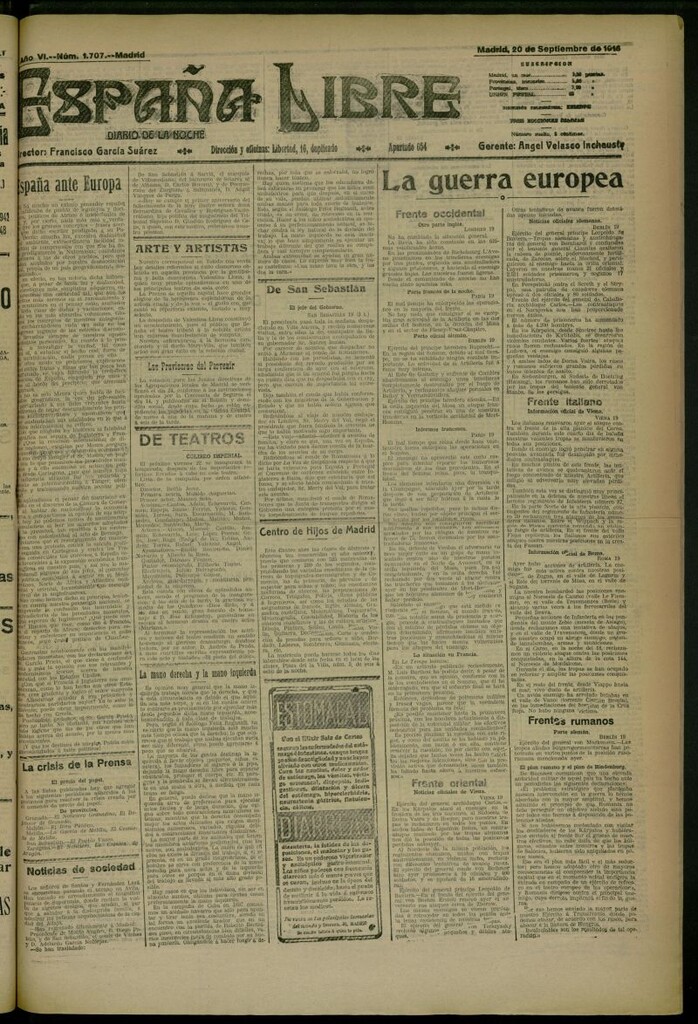 Miniatura de España Libre : Diario de la noche del 20 de septiembre de 1916, nº 1707