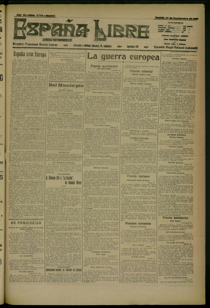 Miniatura de España Libre : Diario de la noche del 22 de septiembre de 1916, nº 1709